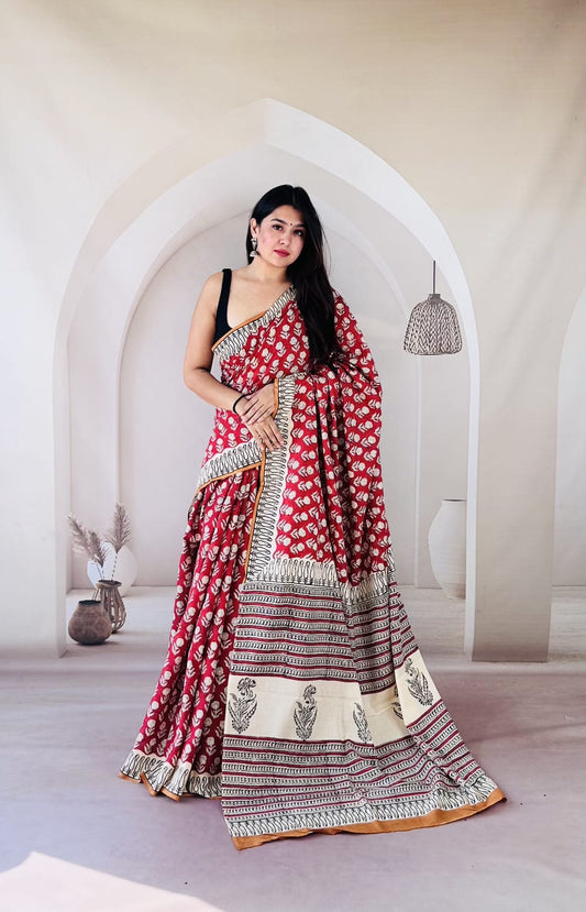 Pure Mulmul Cotton Hand Block Printed Saree With Running Blouse.