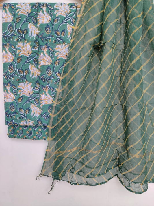 Pure Cotton Hand Block Printed Unstitched Suits with Kota doriya Dupatta.