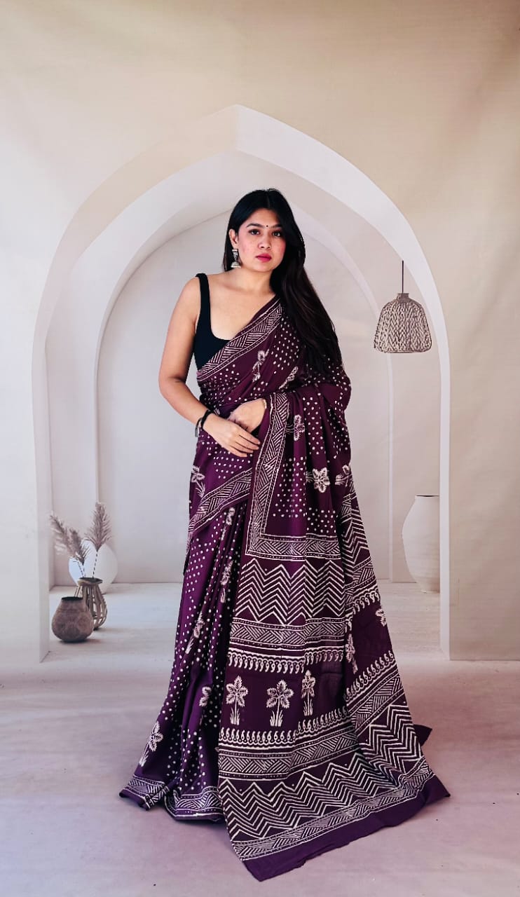 Pure Mulmul Cotton Hand Block Printed Saree With Running Blouse.