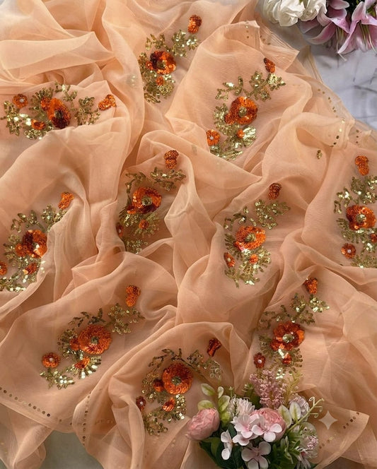 Pure Diamond Chiffon Hand Work Saree