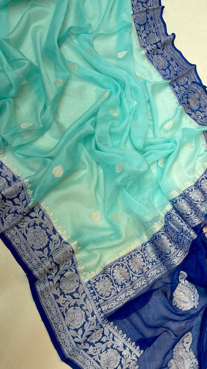 Pure Handloom Khaddi Chiffon Georgette Saree With Silver Zari Weaving Blouse  ( length- 6.3 meter )