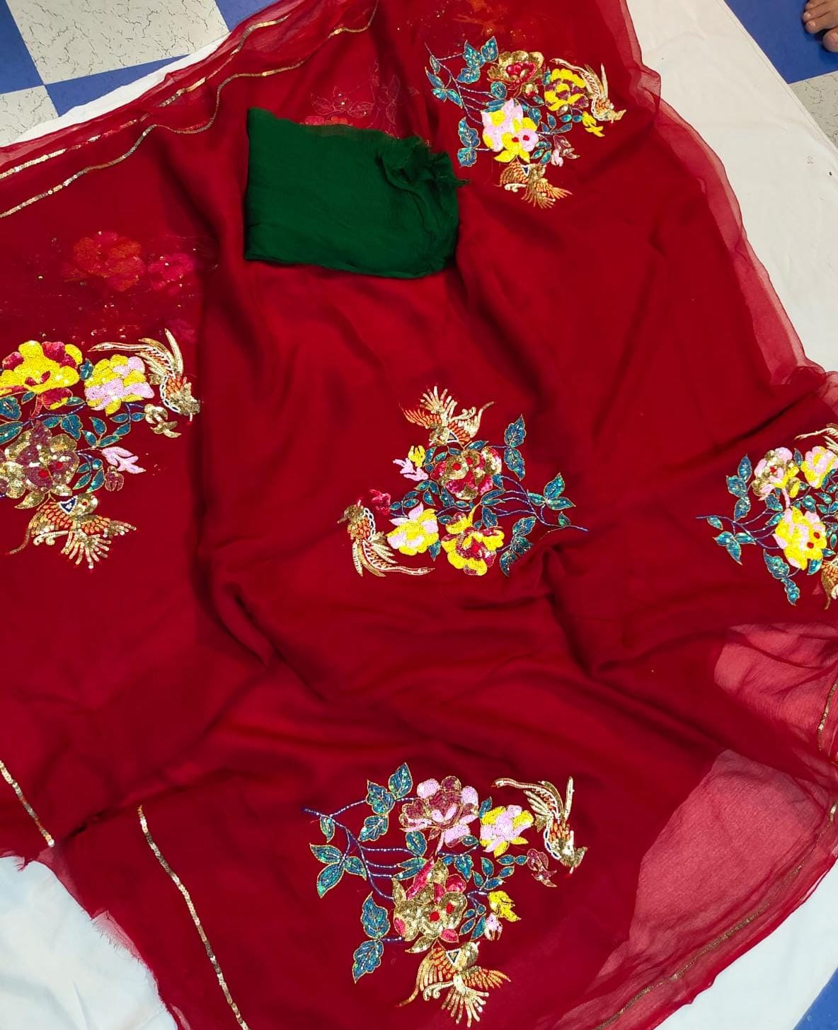 Pure Diamond Chiffon Catdana Hand Work Saree.