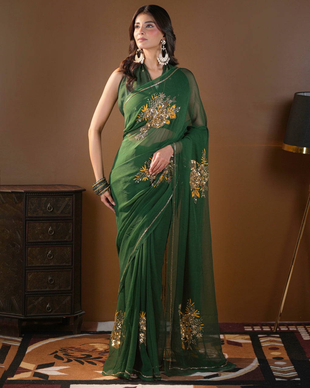 Pure Diamond Chiffon Catdana Hand Work Saree.