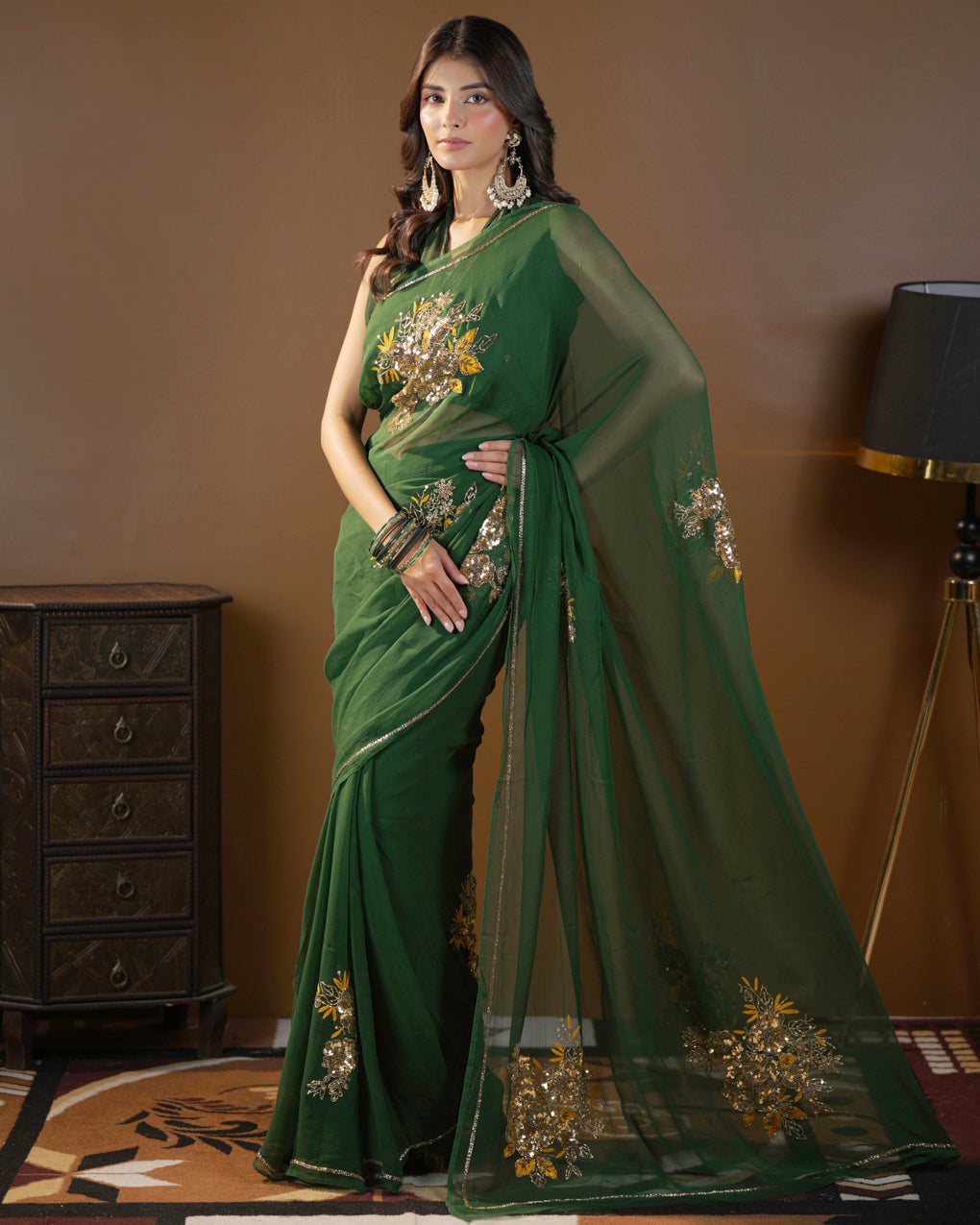 Pure Diamond Chiffon Catdana Hand Work Saree.
