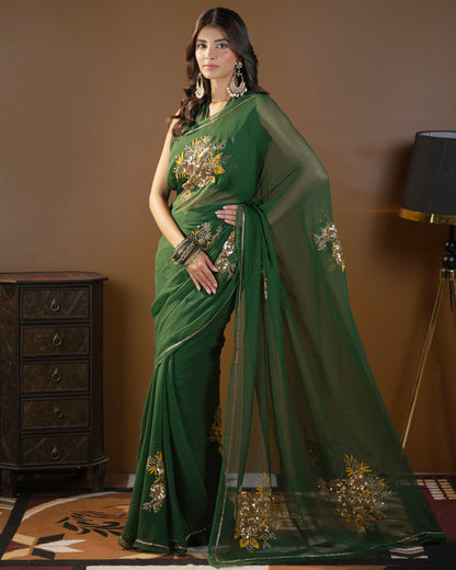 Pure Diamond Chiffon Catdana Hand Work Saree.