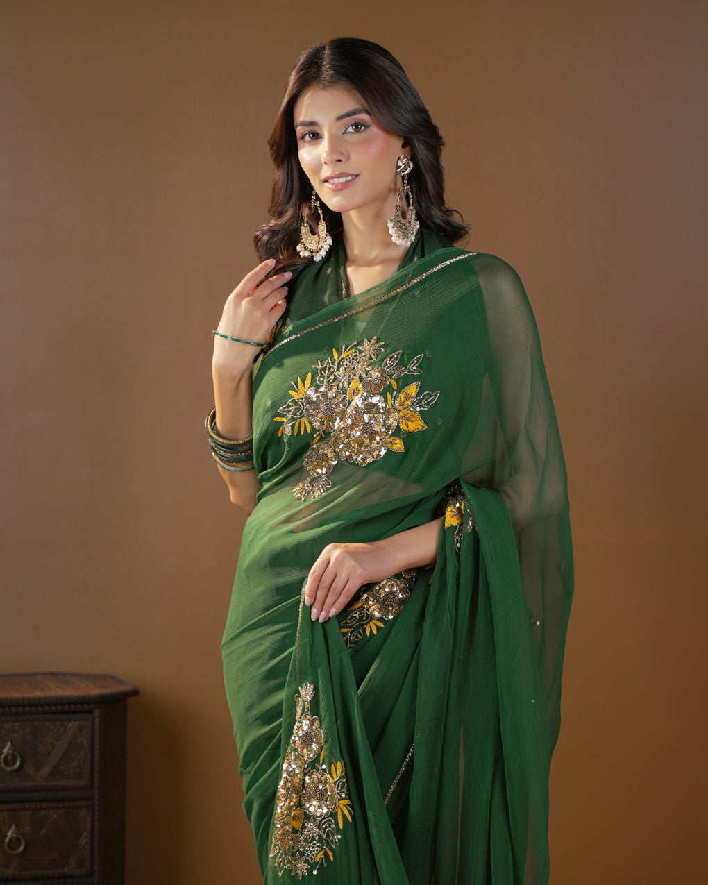 Pure Diamond Chiffon Catdana Hand Work Saree.