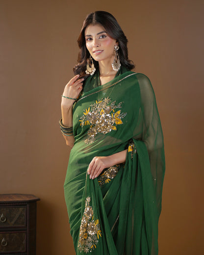 Pure Diamond Chiffon Catdana Hand Work Saree.