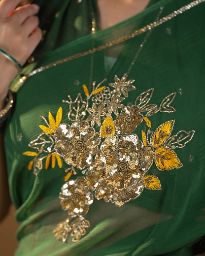 Pure Diamond Chiffon Catdana Hand Work Saree.