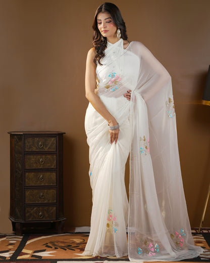 Pure Diamond Chiffon Hand Work  Work Saree.