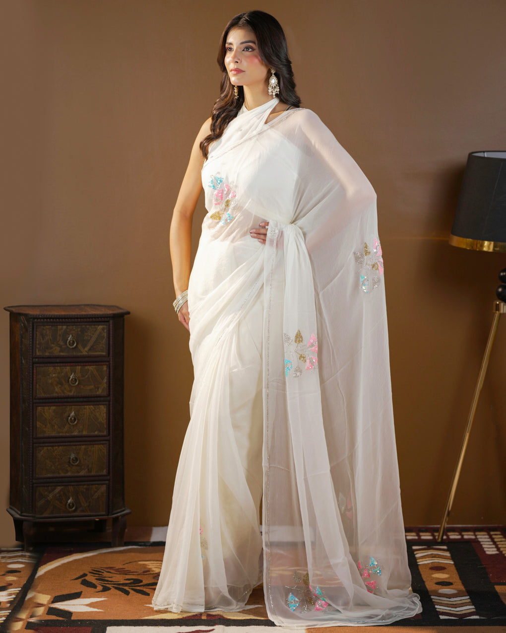 Pure Diamond Chiffon Hand Work  Work Saree.