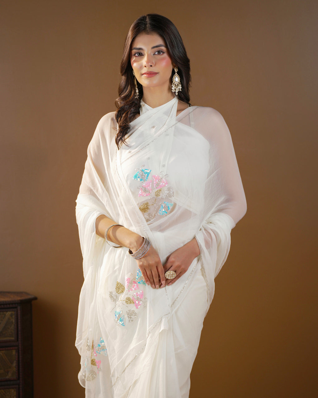 Pure Diamond Chiffon Hand Work  Work Saree.