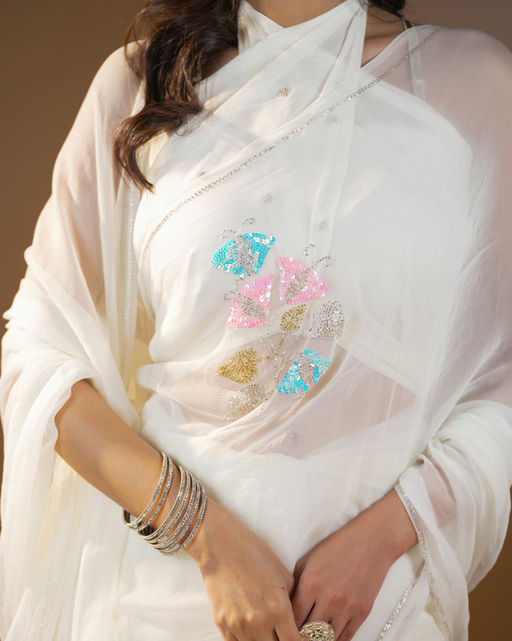 Pure Diamond Chiffon Hand Work  Work Saree.