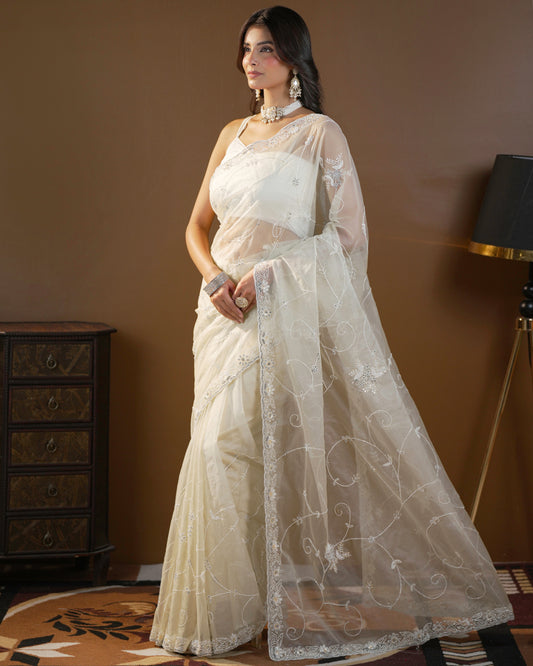 Pure Organza Silk Hand Full Zall Work Saree With Running Blouse.