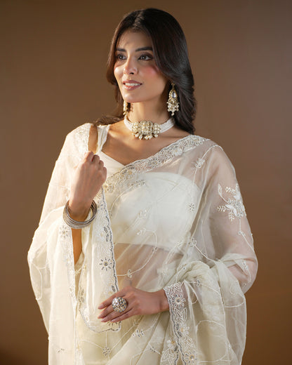 Pure Organza Silk Hand Full Zall Work Saree With Running Blouse.