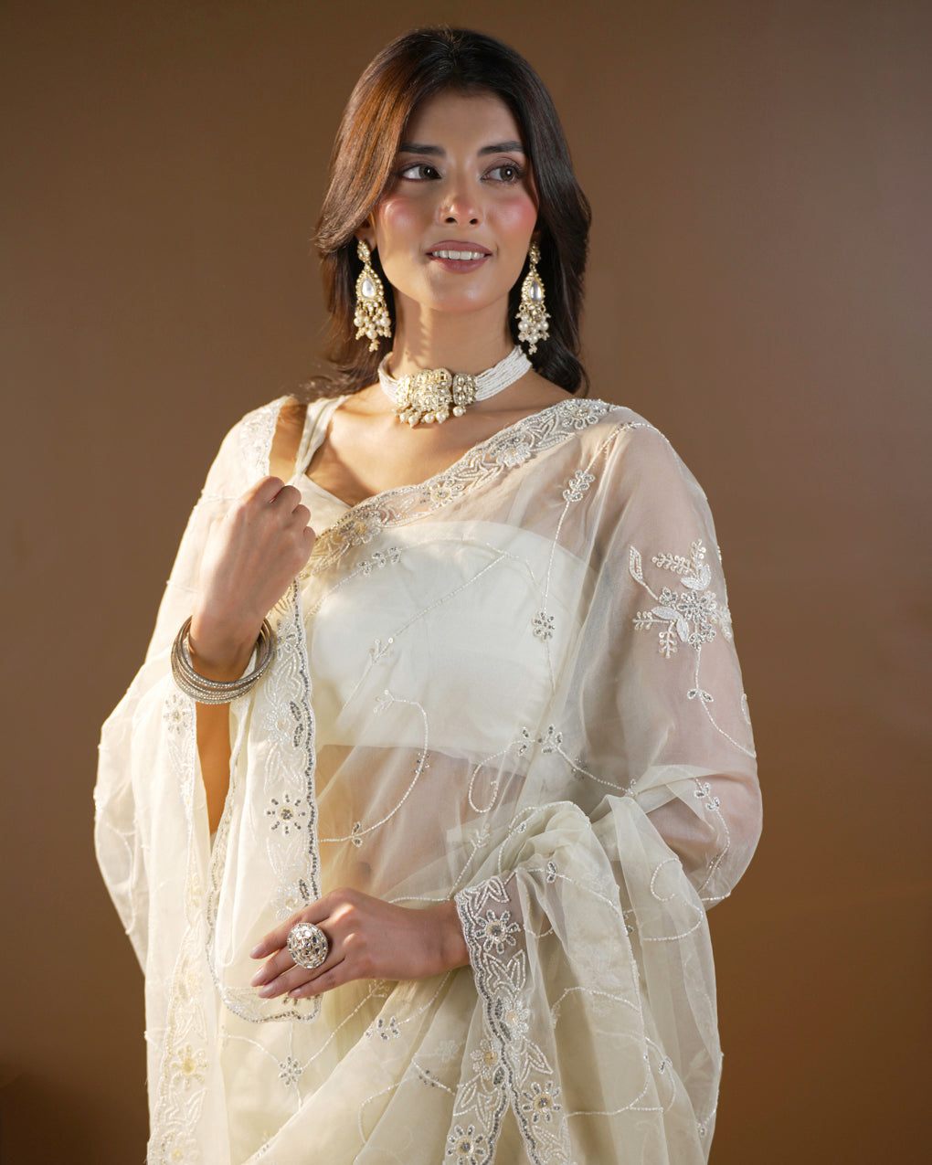 Pure Organza Silk Hand Full Zall Work Saree With Running Blouse.