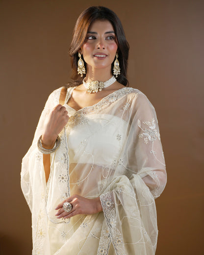 Pure Organza Silk Hand Full Zall Work Saree With Running Blouse.