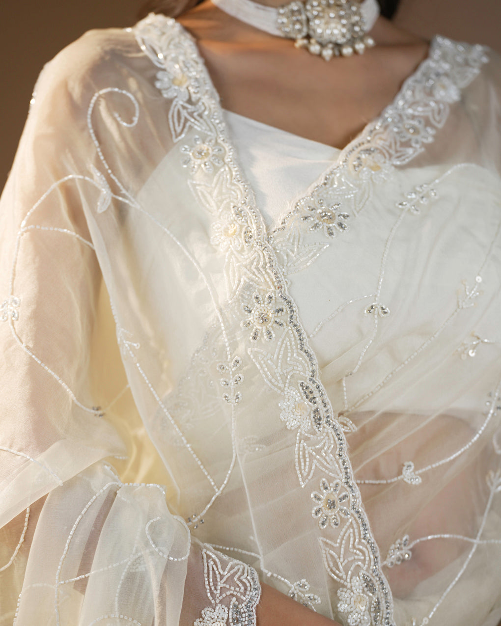 Pure Organza Silk Hand Full Zall Work Saree With Running Blouse.