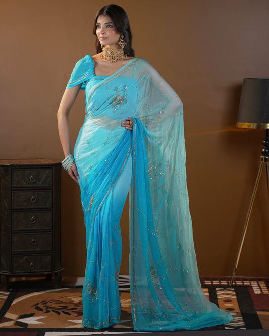 Pure Diamond Chiffon Beautiful Hand Work Saree