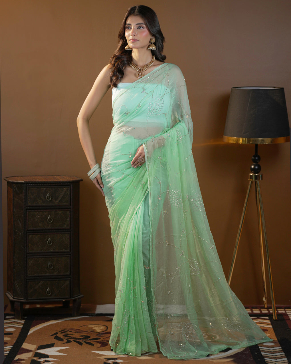 Pure Diamond Chiffon Beautiful Hand Work Saree.