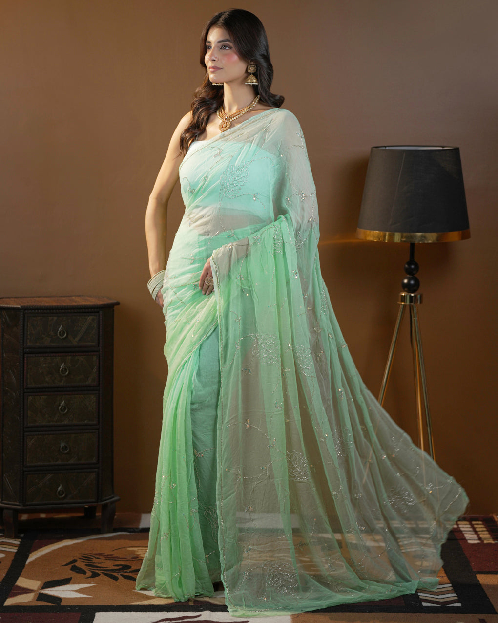 Pure Diamond Chiffon Beautiful Hand Work Saree.