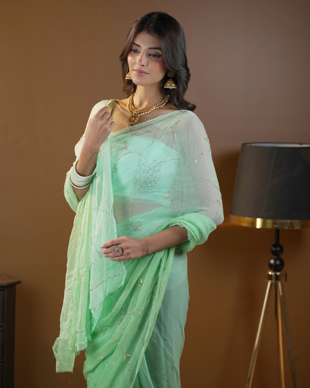 Pure Diamond Chiffon Beautiful Hand Work Saree.