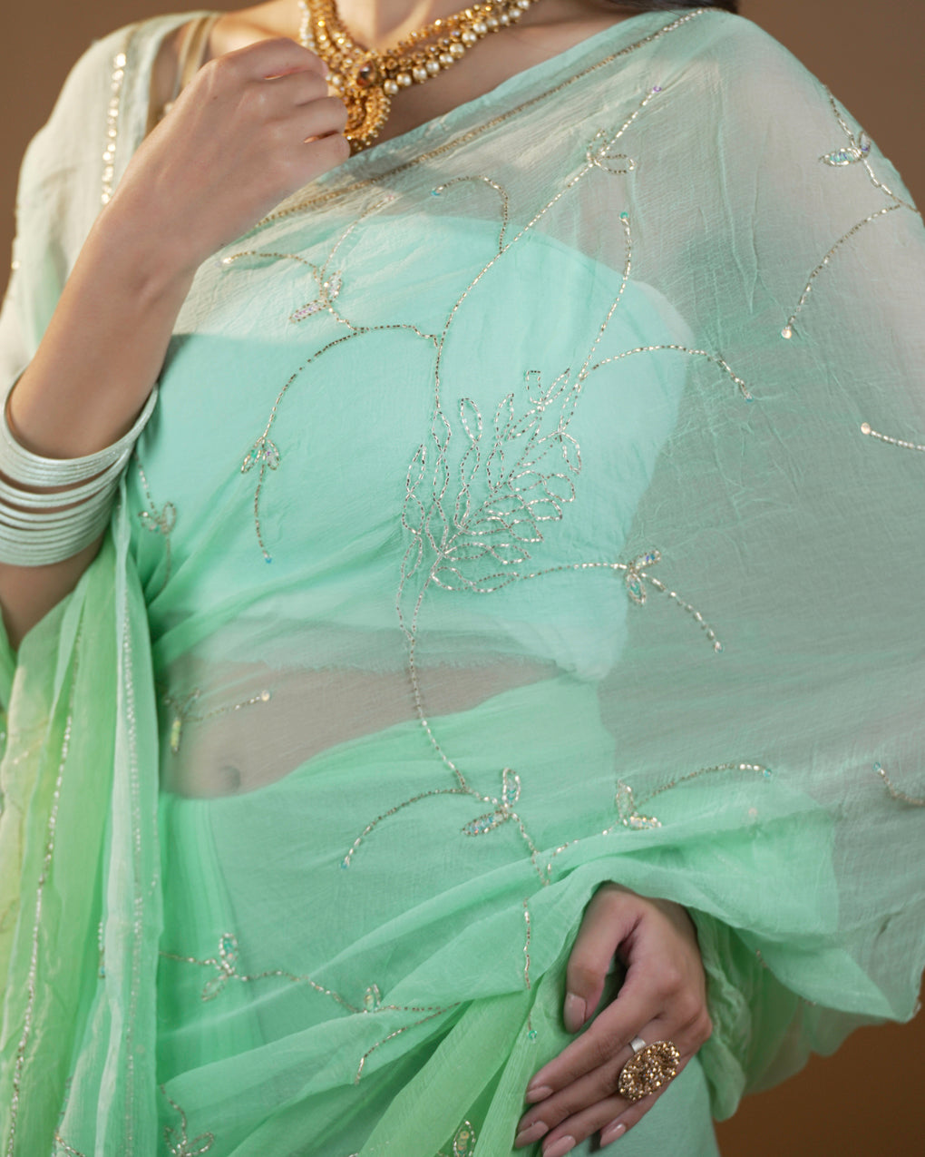 Pure Diamond Chiffon Beautiful Hand Work Saree.