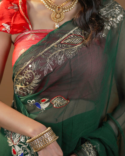 Pure Diamond Chiffon Traditional Rajputi Kasab Work Saree
