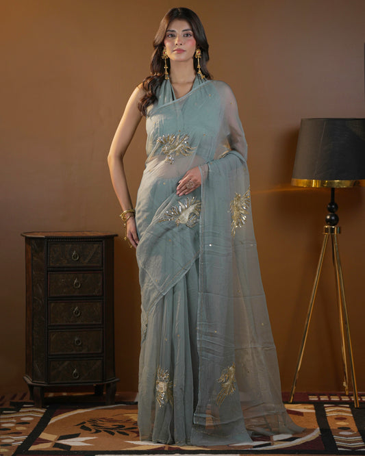 BEAUTIFUL SEQUENCE AND ZARI EMBROIDERY WORK DAIMOND CHIFFON SAREE.