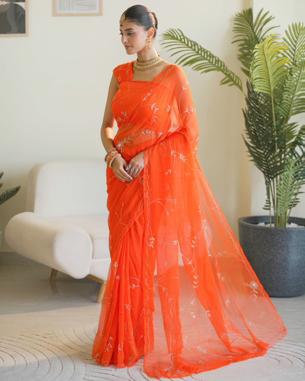 Pure Diamond Chiffon Hand Work Saree With Blouse.