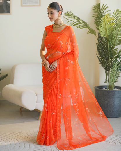 Pure Diamond Chiffon Hand Work Saree With Blouse.