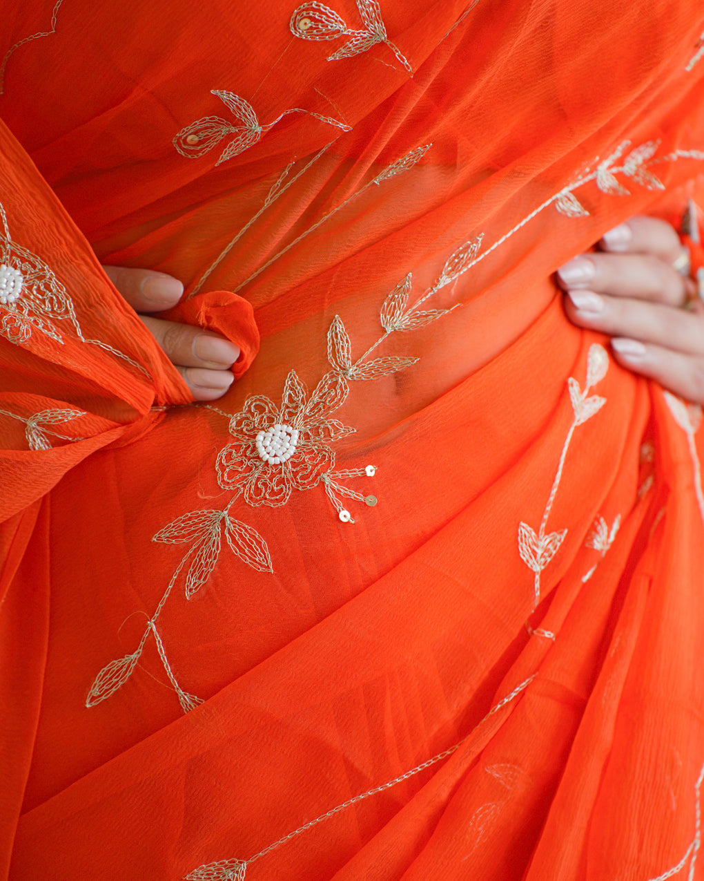 Pure Diamond Chiffon Hand Work Saree With Blouse.