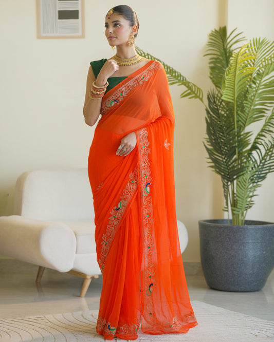 Pure Diamond Chiffon  Hand mofits Saree