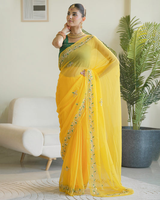 Pure Dimond Chiffon Rajputi ksb Work Saree With Contrast Work Blouse
