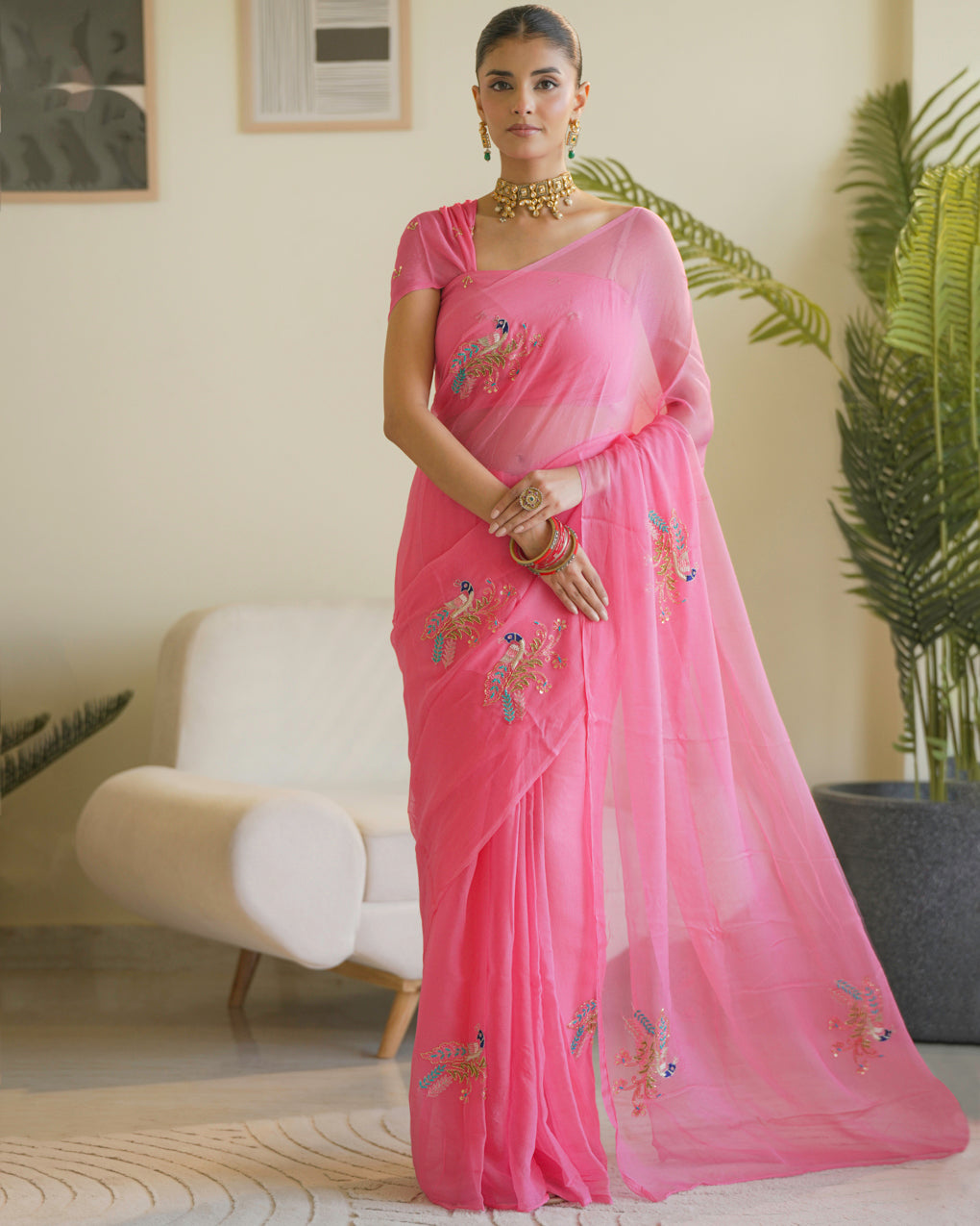 PINK COLOUR PURE CHIFFON SAREE EMBELLISHED WITH BEADS & ZARDOZI WORK