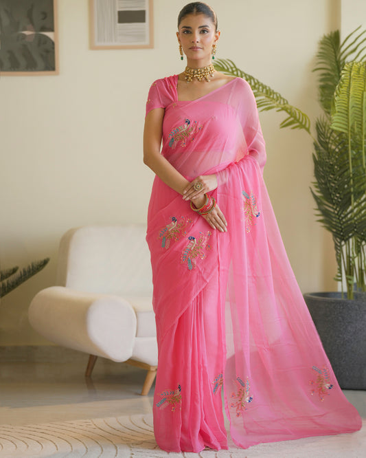 PINK COLOUR PURE CHIFFON SAREE EMBELLISHED WITH BEADS & ZARDOZI WORK