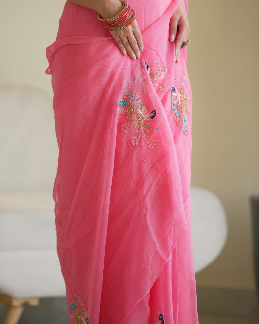 PINK COLOUR PURE CHIFFON SAREE EMBELLISHED WITH BEADS & ZARDOZI WORK