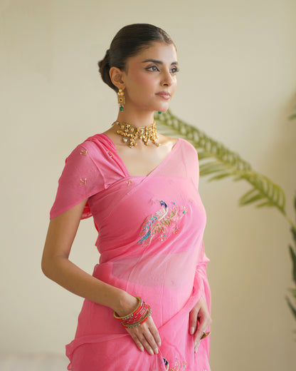 PINK COLOUR PURE CHIFFON SAREE EMBELLISHED WITH BEADS & ZARDOZI WORK