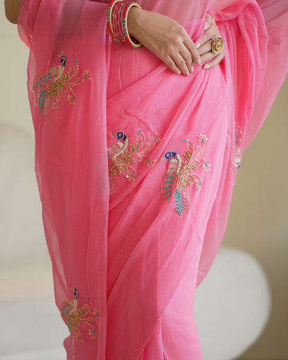 PINK COLOUR PURE CHIFFON SAREE EMBELLISHED WITH BEADS & ZARDOZI WORK
