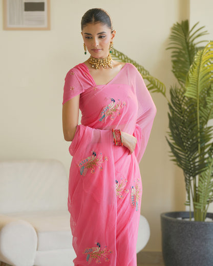 PINK COLOUR PURE CHIFFON SAREE EMBELLISHED WITH BEADS & ZARDOZI WORK