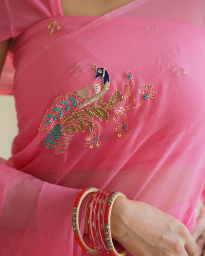 PINK COLOUR PURE CHIFFON SAREE EMBELLISHED WITH BEADS & ZARDOZI WORK