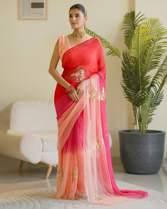Multicolor Pure Diamond Chiffon Hand Work Saree With Blouse.