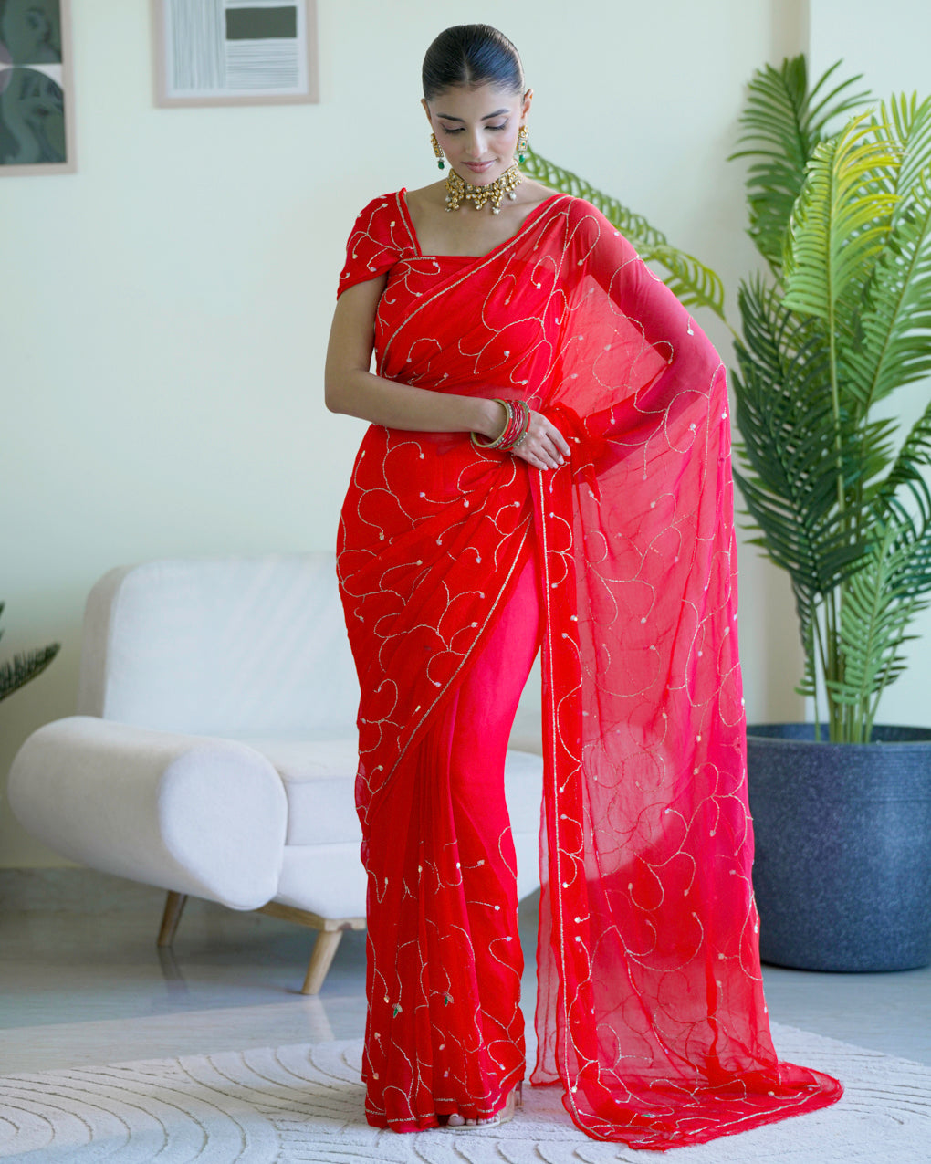 Pure Diamond Chiffon Hand Work Saree With Blouse.