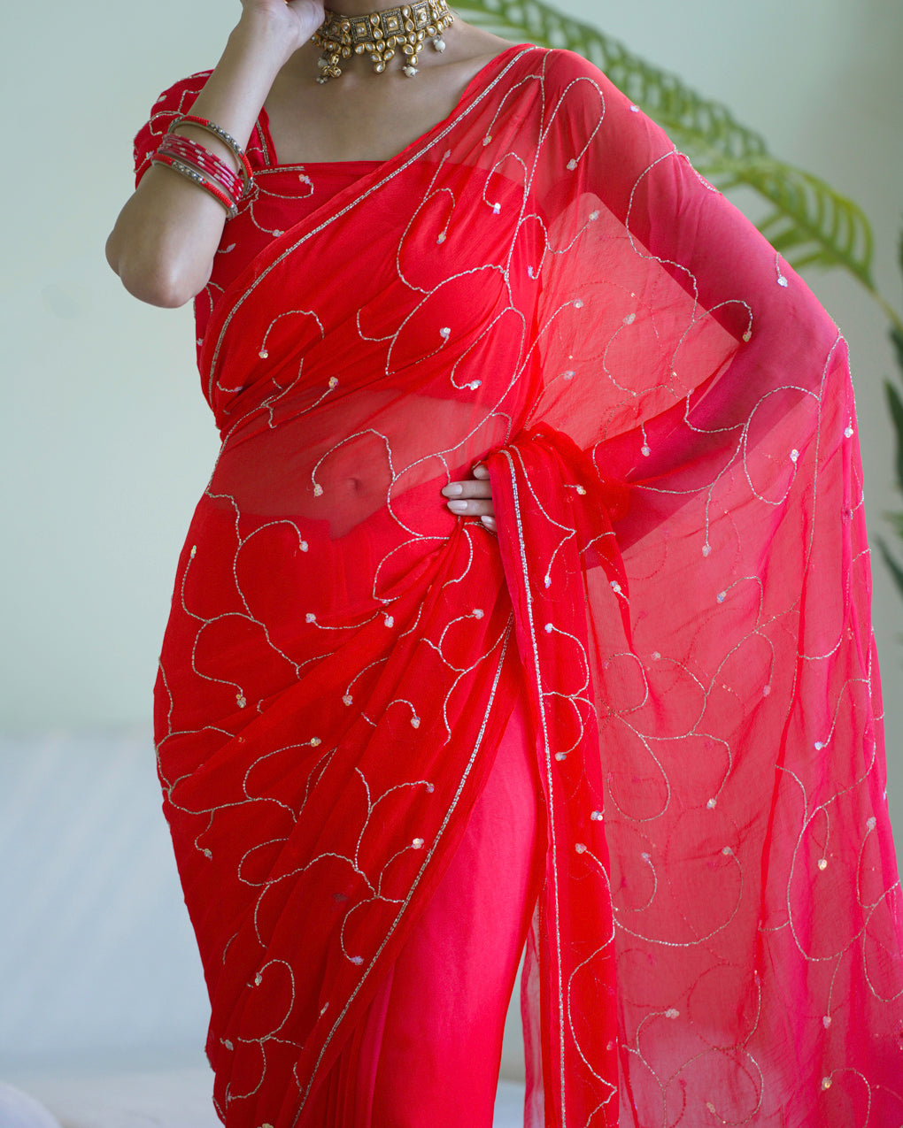 Pure Diamond Chiffon Hand Work Saree With Blouse.