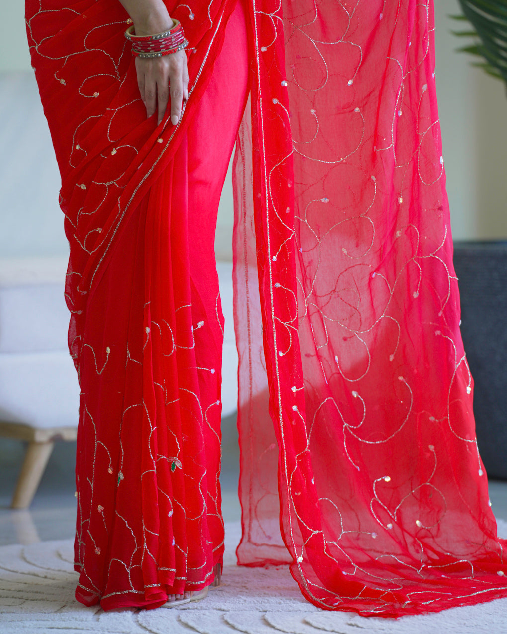 Pure Diamond Chiffon Hand Work Saree With Blouse.