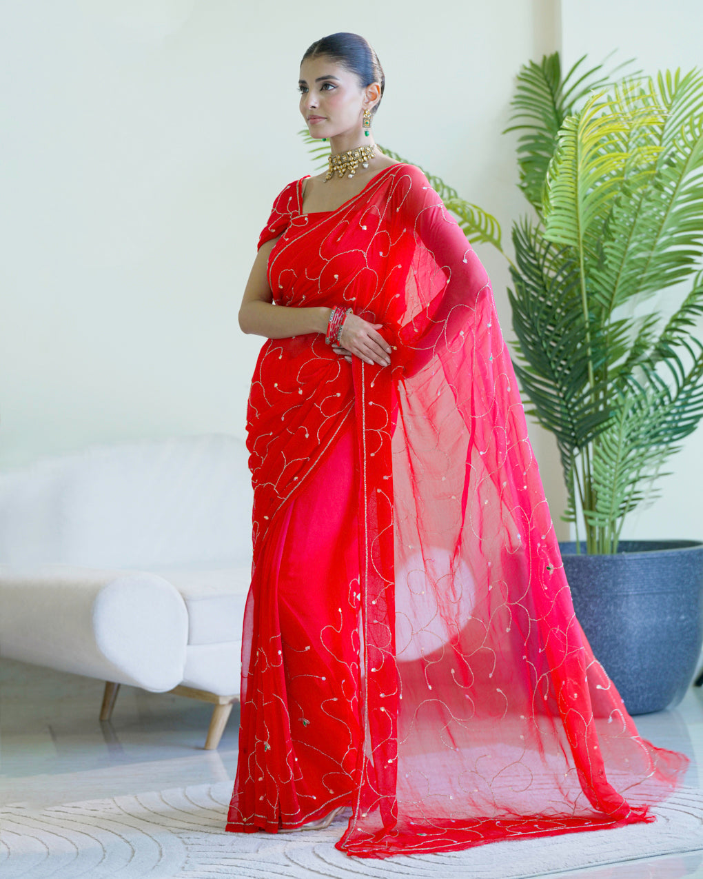 Pure Diamond Chiffon Hand Work Saree With Blouse.