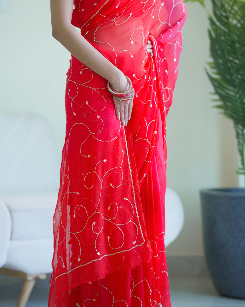 Pure Diamond Chiffon Hand Work Saree With Blouse.