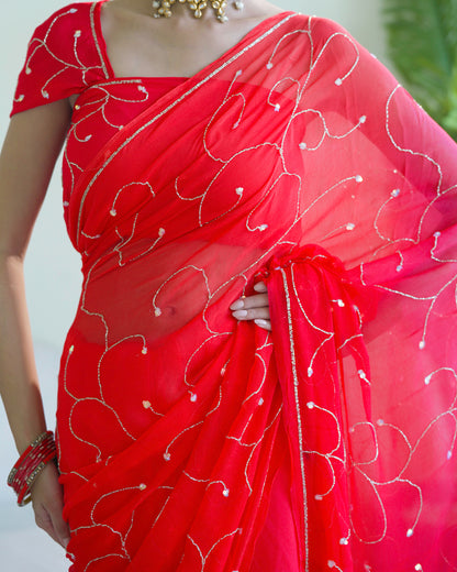 Pure Diamond Chiffon Hand Work Saree With Blouse.