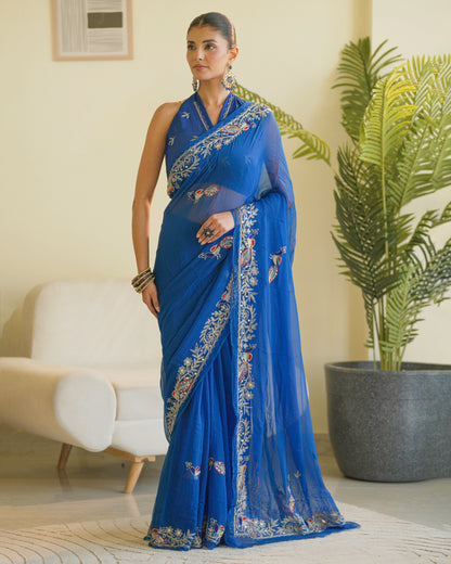 Pure Diamond Chiffon Traditional Rajputi Kasab Work Saree.