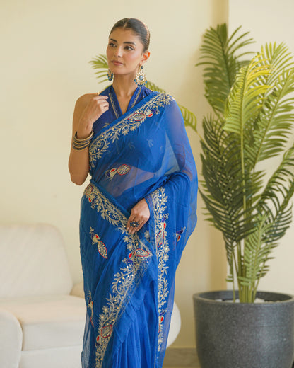 Pure Diamond Chiffon Traditional Rajputi Kasab Work Saree.
