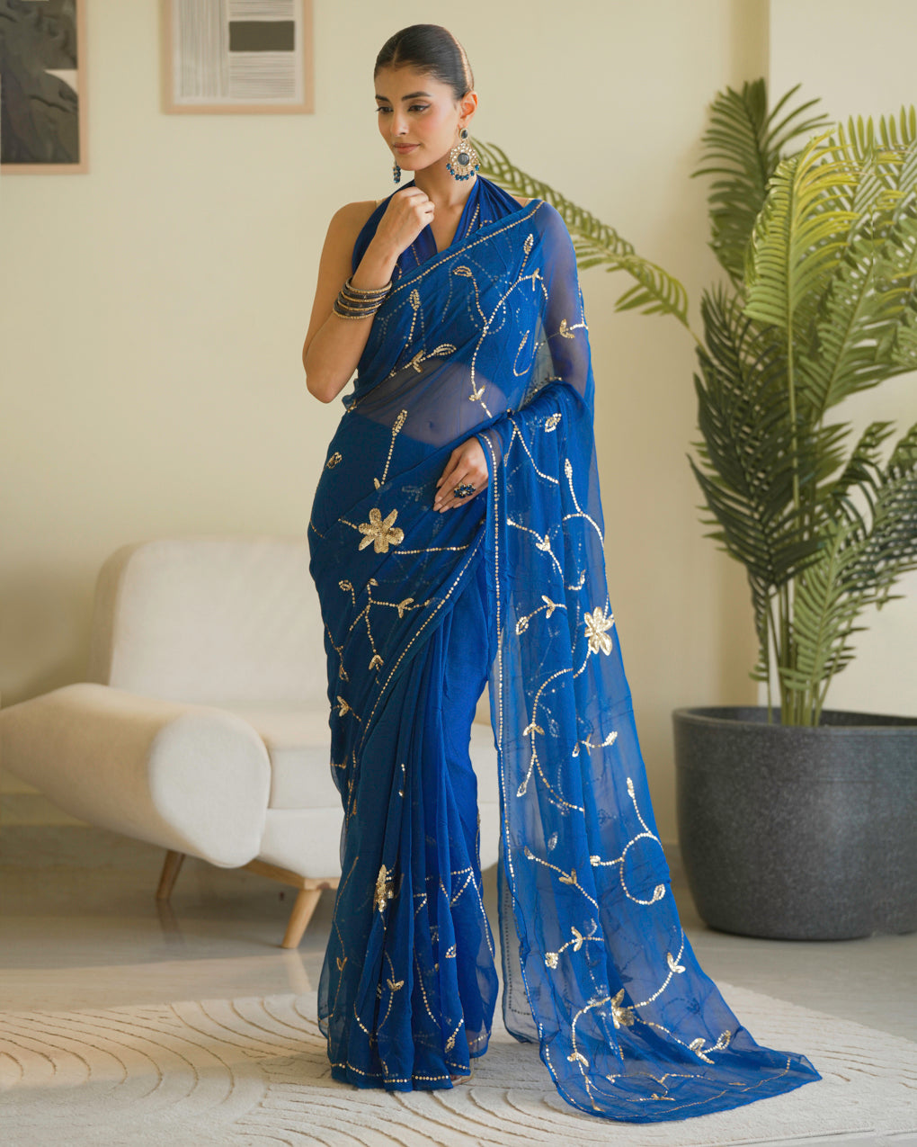 Pure Diamond Chiffon Hand Work Saree With Blouse.